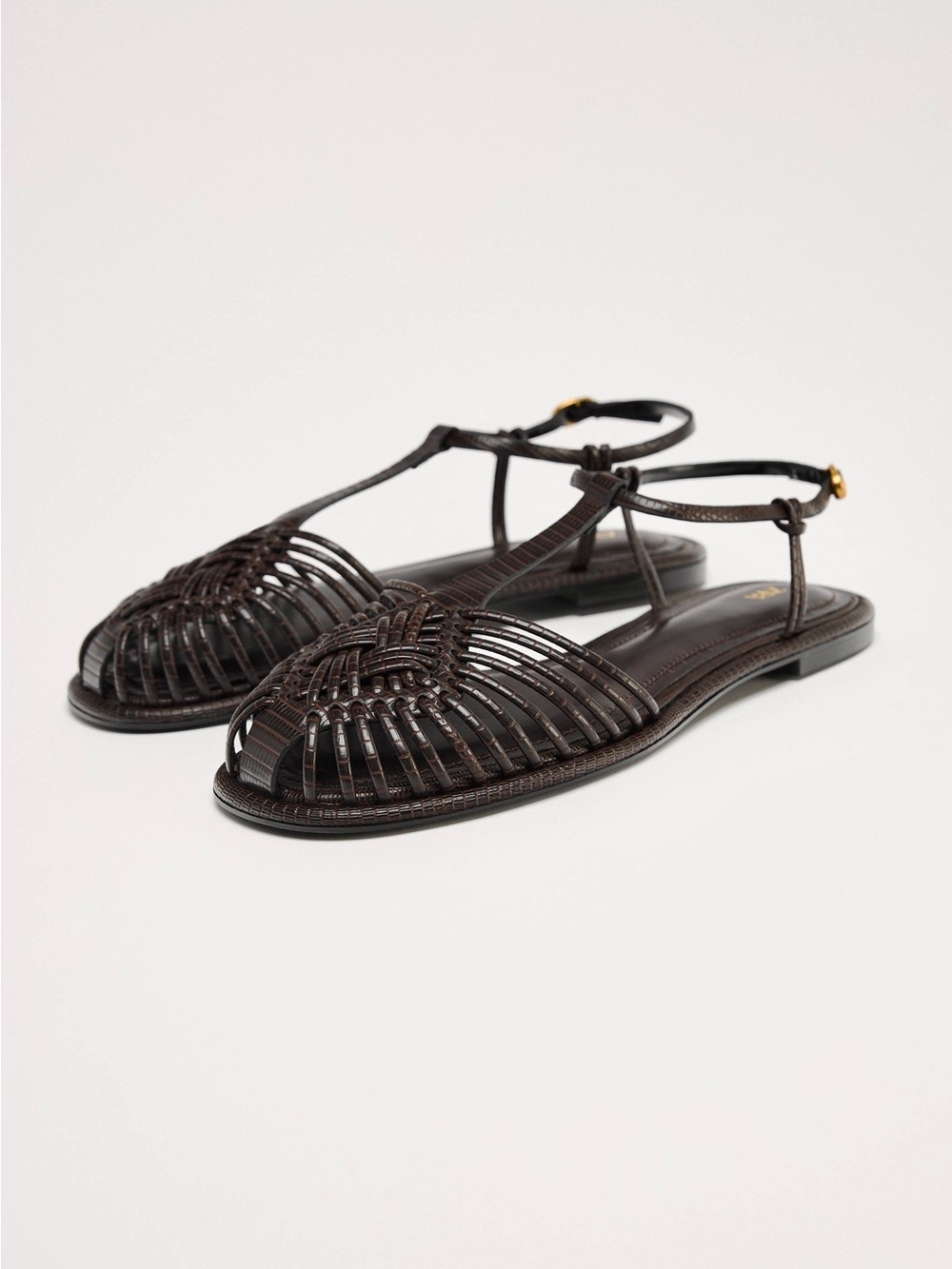 Zara Dark Brown Woven Leather Flat Sandals